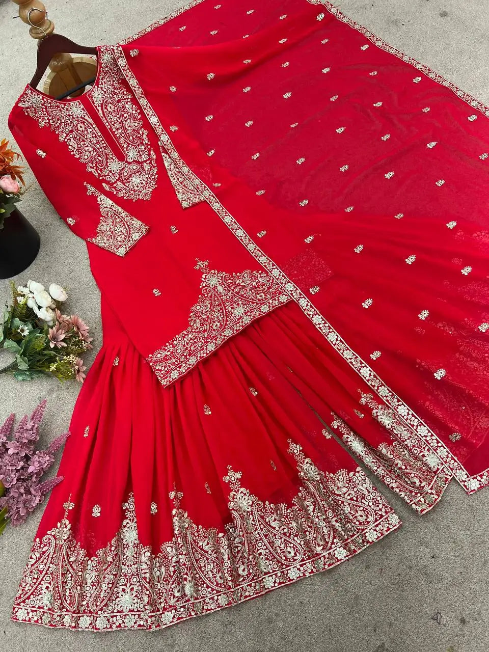 Embroidered Faux Georgette Sharara Set with Dupatta