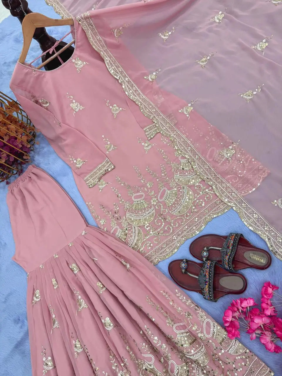 Embroidered Faux Georgette Sharara Set with Dupatta