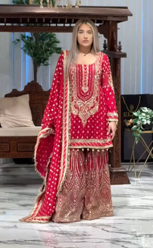 Embroidered Faux Georgette Sharara Set with Dupatta