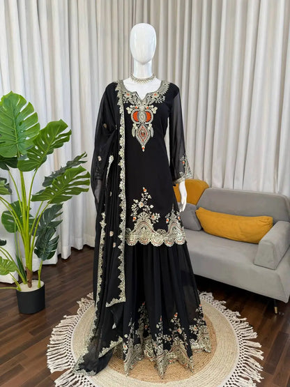 Embroidered Faux Georgette Sharara Suit Set