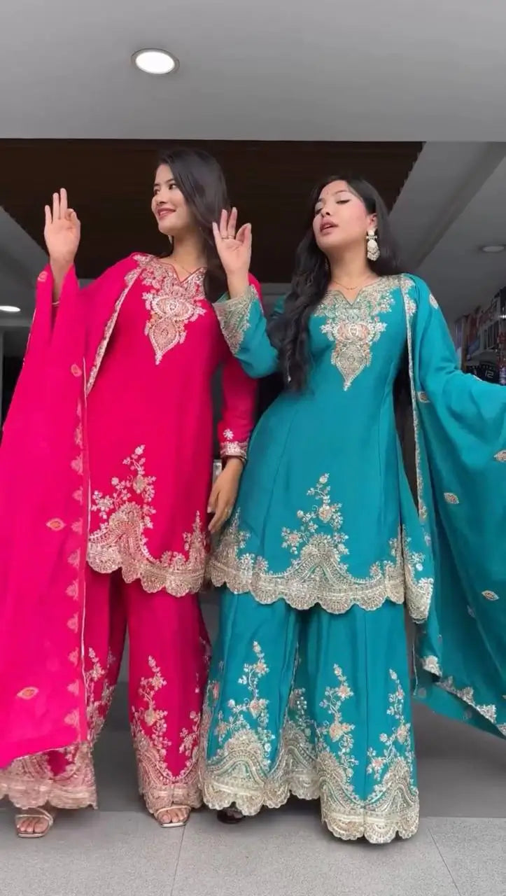 Embroidered Faux Georgette Sharara Suit Set