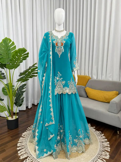 Embroidered Faux Georgette Sharara Suit Set