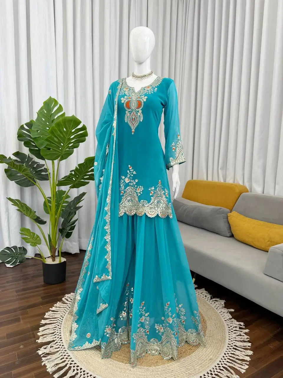 Embroidered Faux Georgette Sharara Suit Set