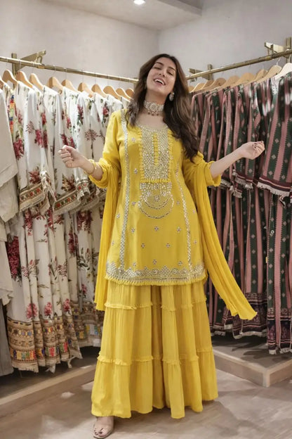 Embroidered Faux Georgette Sharara Suit Set