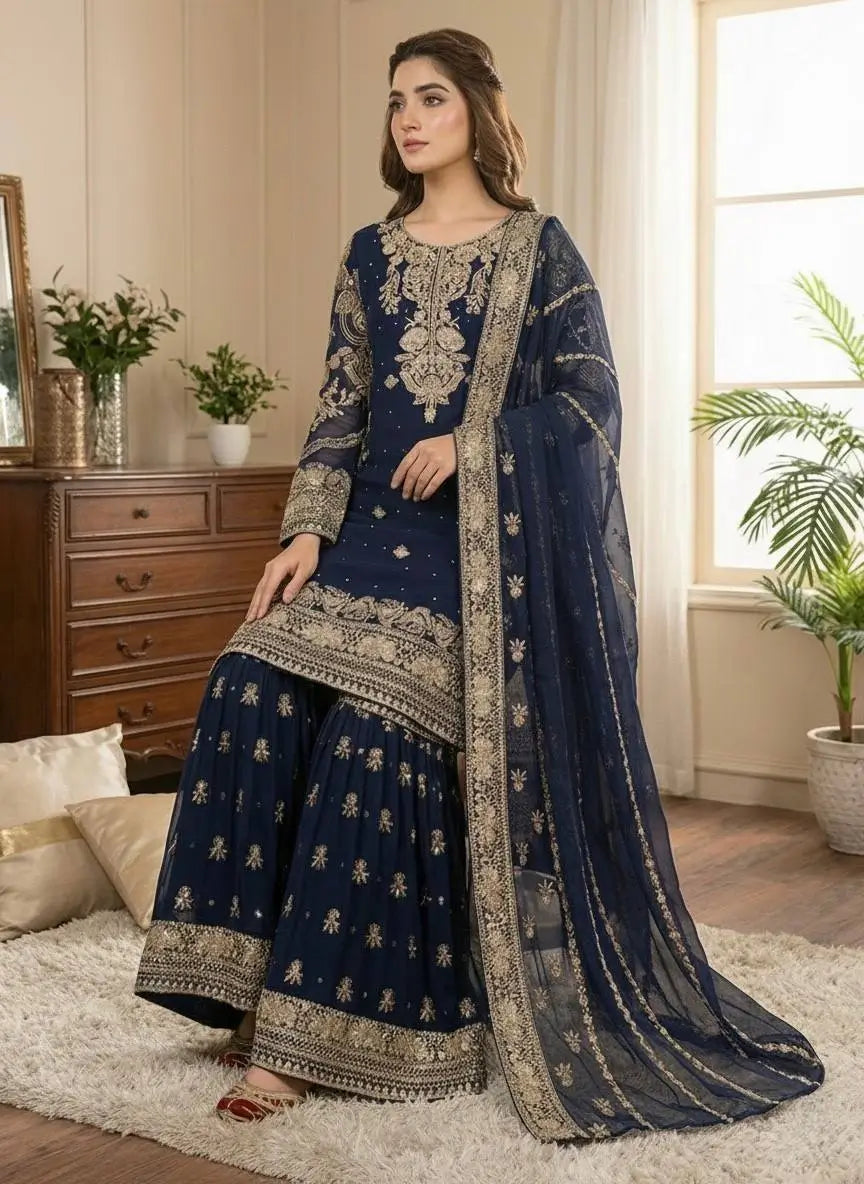 Embroidered Faux Georgette Sharara Suit Set