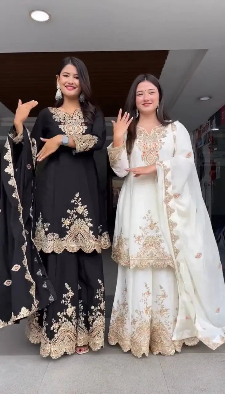 Embroidered Faux Georgette Sharara Suit Set