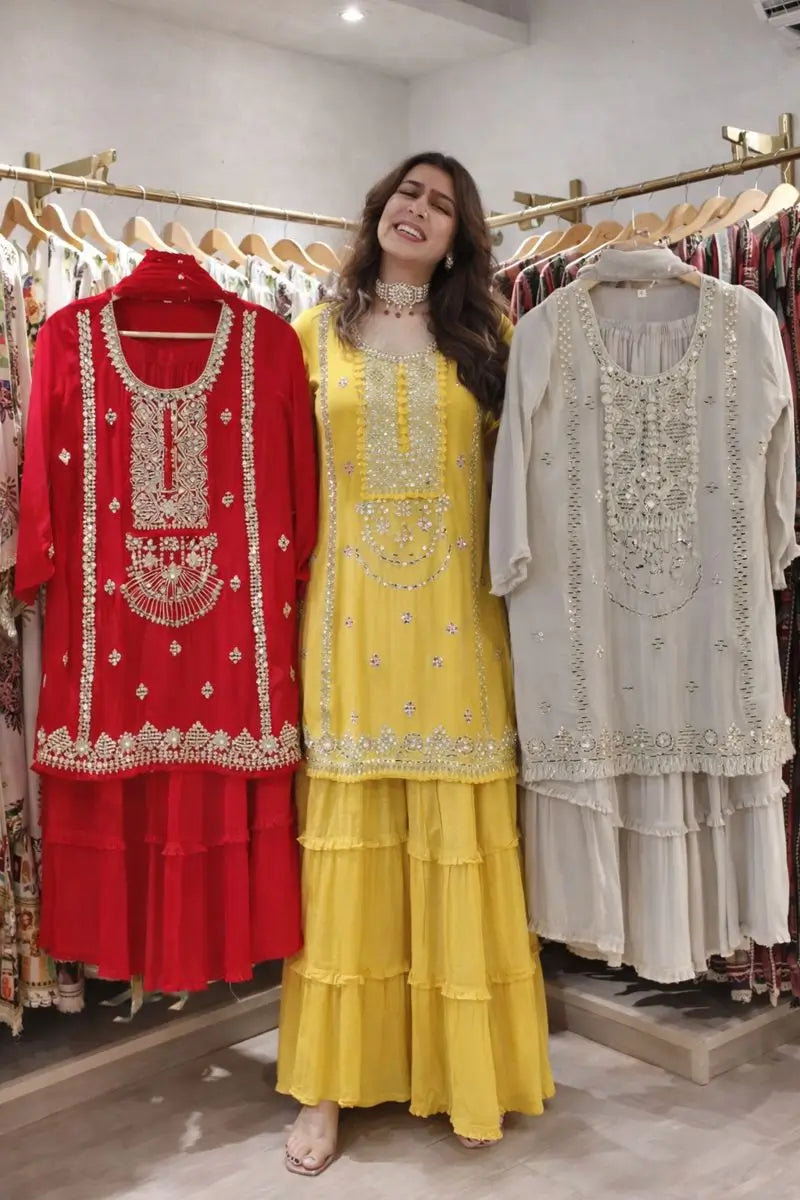 Embroidered Faux Georgette Sharara Suit Set