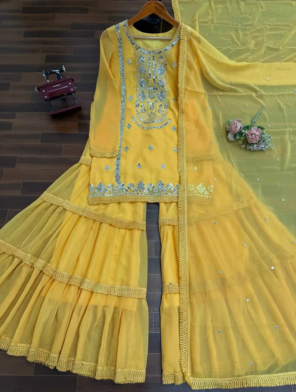 Embroidered Faux Georgette Sharara Suit Set
