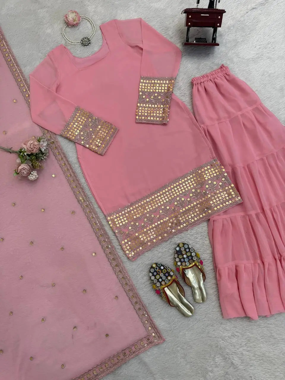 Embroidered Faux Georgette Sharara Suit Set with Dupatta