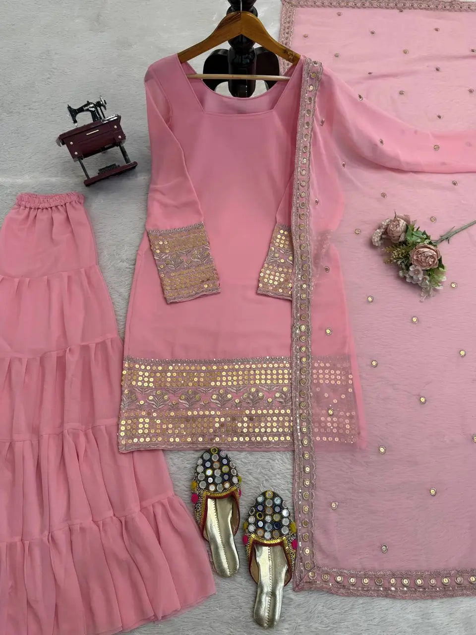 Embroidered Faux Georgette Sharara Suit Set with Dupatta