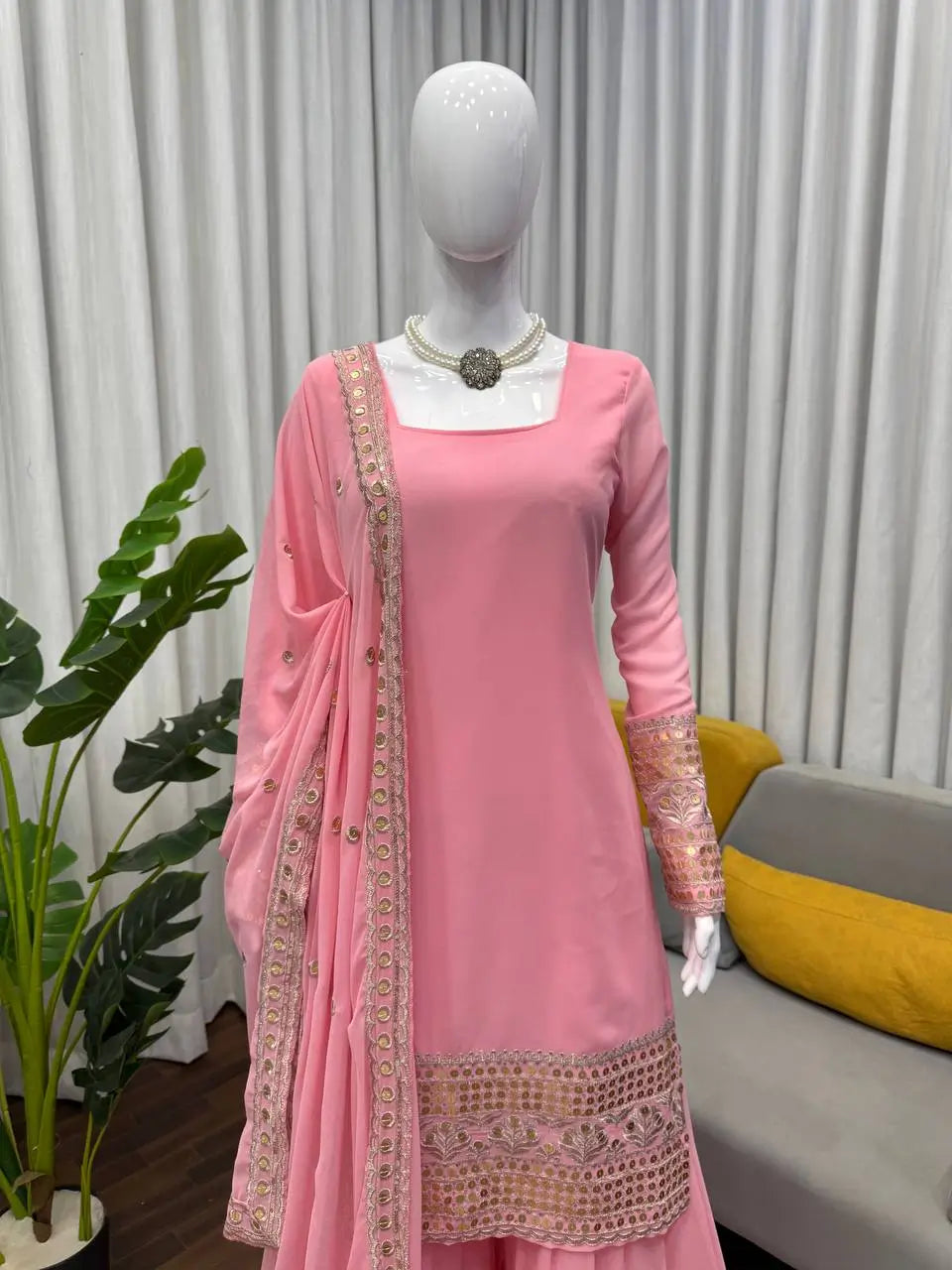 Embroidered Faux Georgette Sharara Suit Set with Dupatta