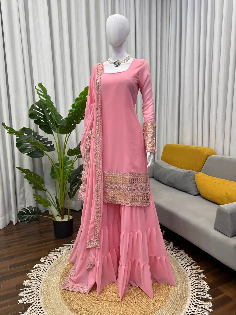 Embroidered Faux Georgette Sharara Suit Set with Dupatta