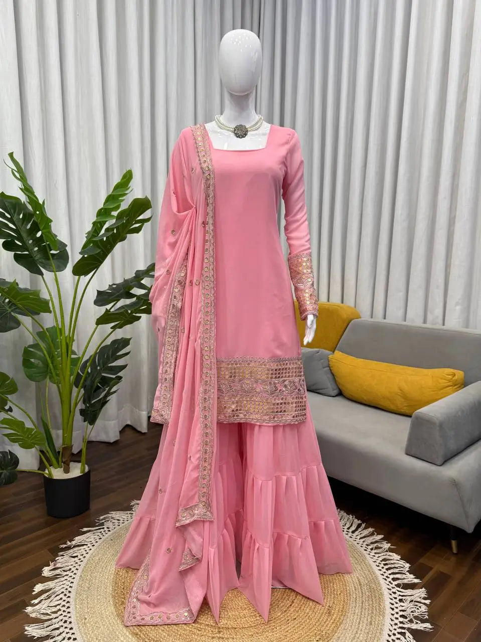 Embroidered Faux Georgette Sharara Suit Set with Dupatta