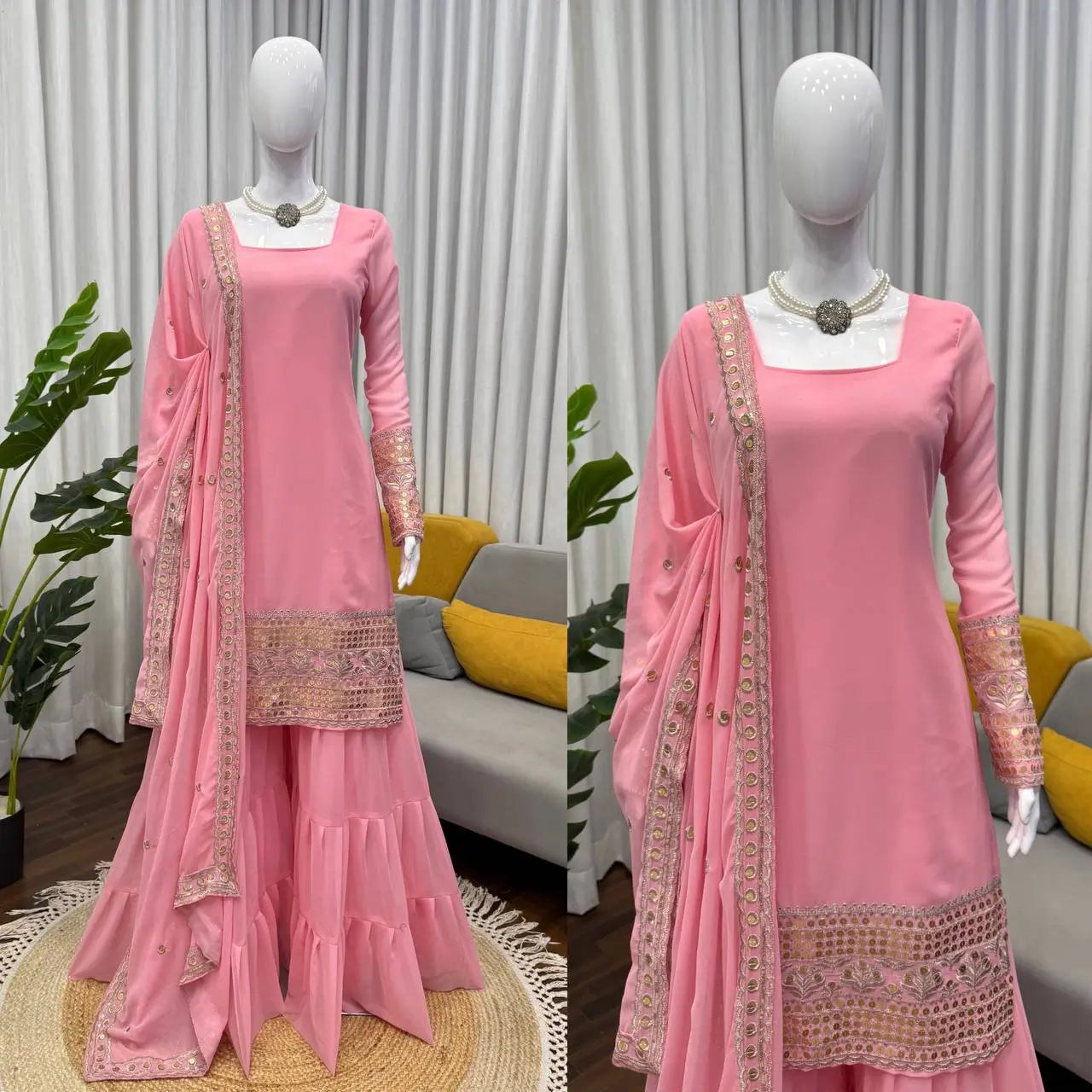 Embroidered Faux Georgette Sharara Suit Set with Dupatta