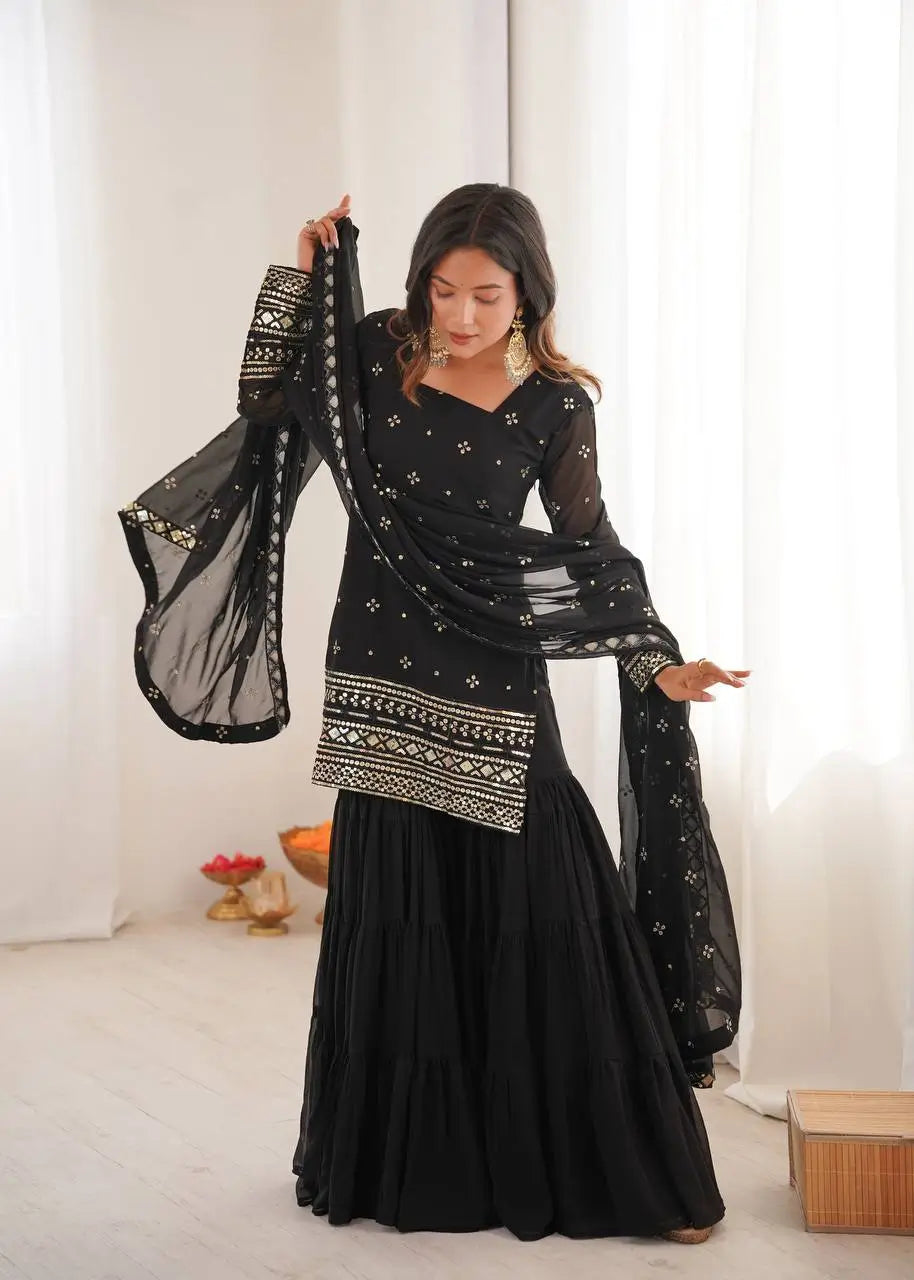 Embroidered Faux Georgette Sharara Suit Set with Dupatta