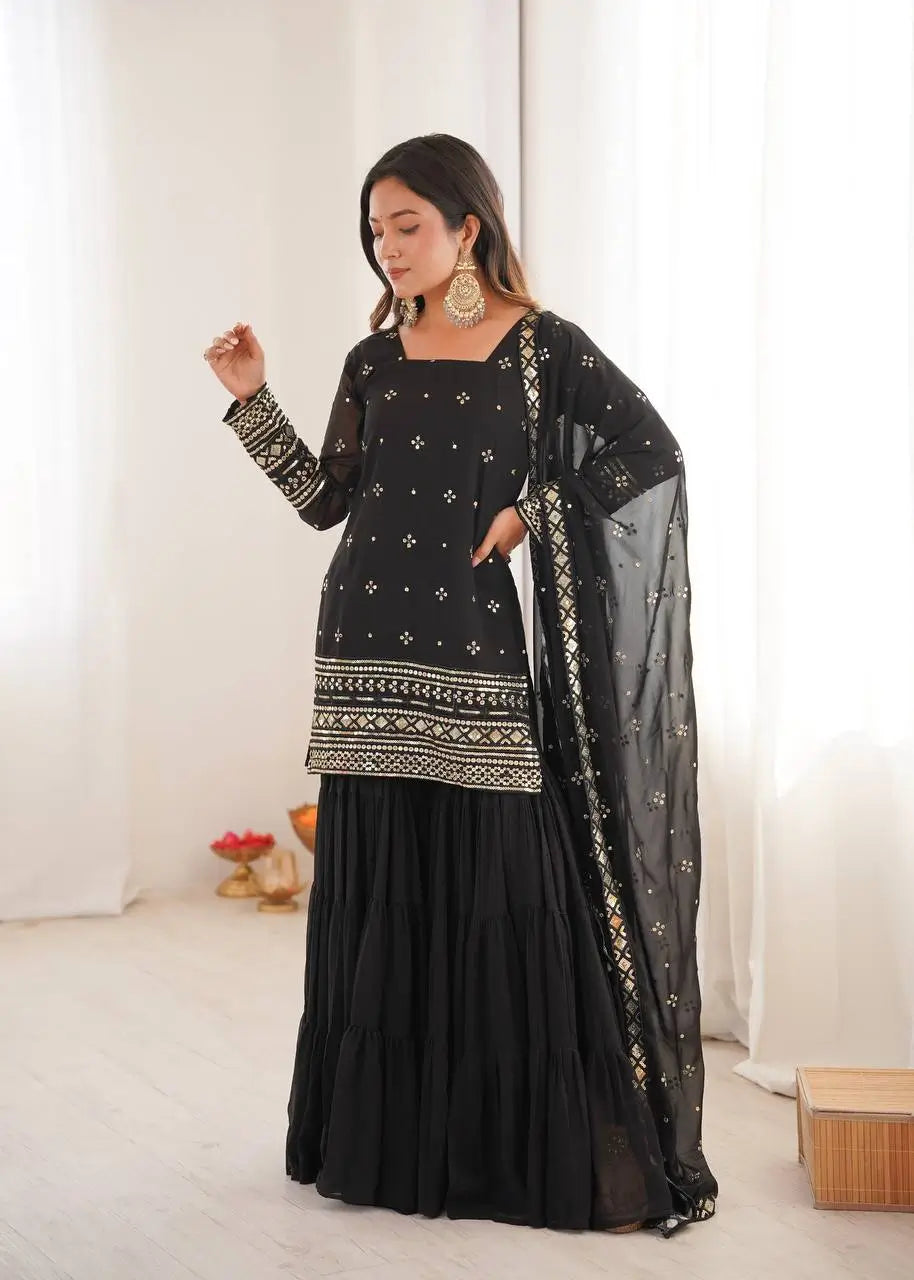 Embroidered Faux Georgette Sharara Suit Set with Dupatta