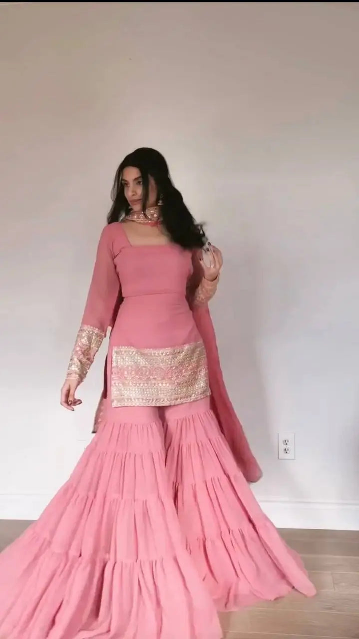 Embroidered Faux Georgette Sharara Suit Set with Dupatta