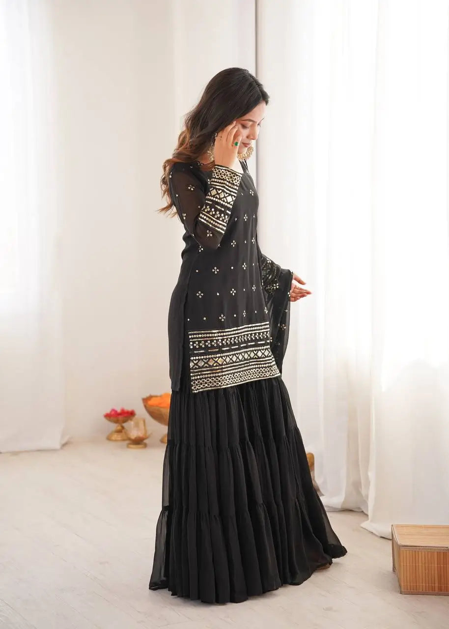 Embroidered Faux Georgette Sharara Suit Set with Dupatta