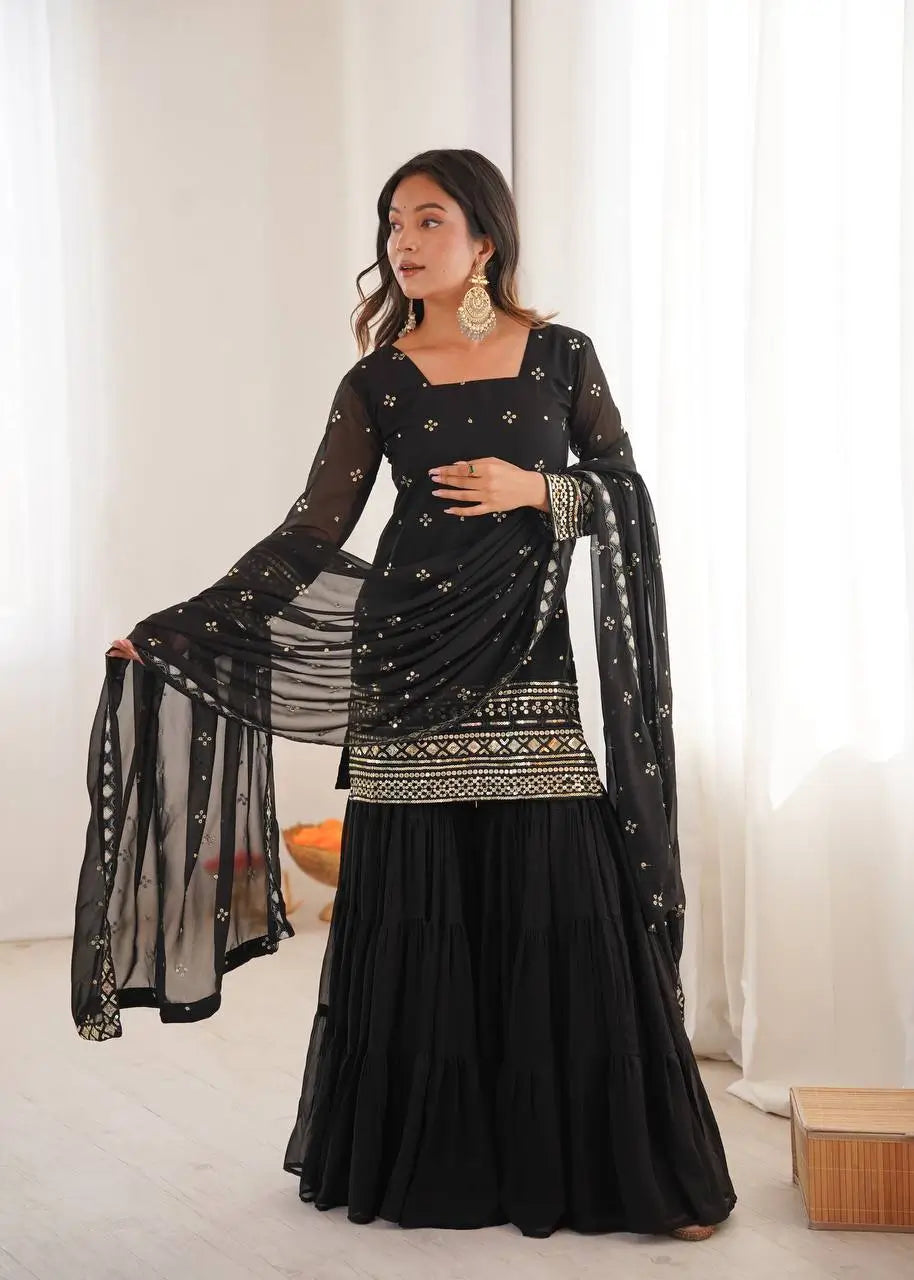 Embroidered Faux Georgette Sharara Suit Set with Dupatta