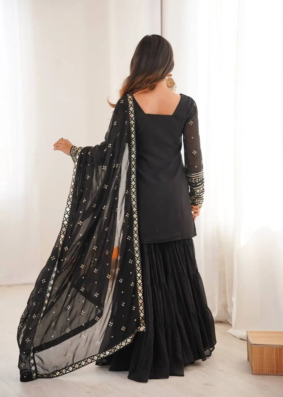 Embroidered Faux Georgette Sharara Suit Set with Dupatta