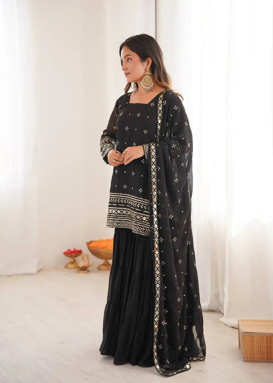 Embroidered Faux Georgette Sharara Suit Set with Dupatta