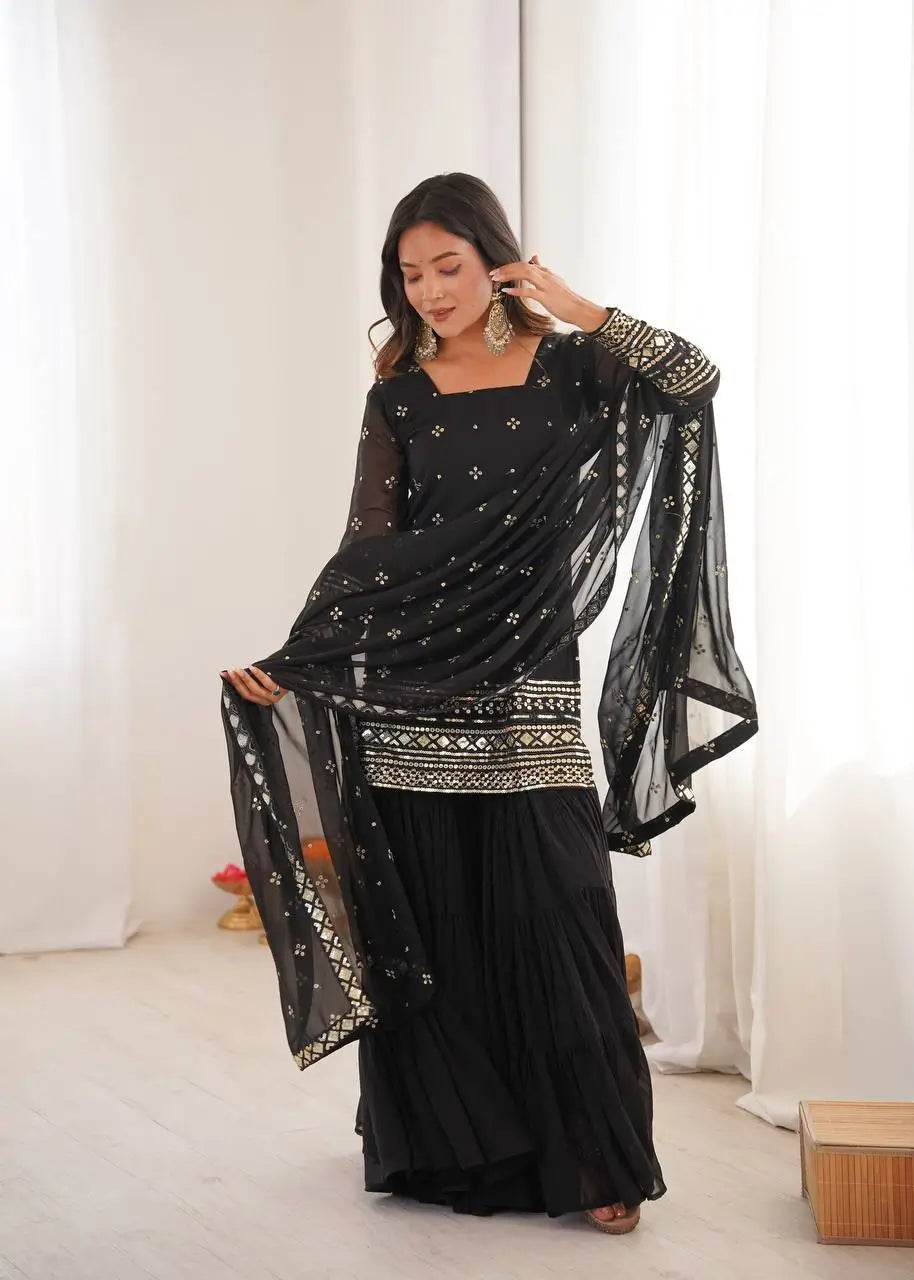 Embroidered Faux Georgette Sharara Suit Set with Dupatta