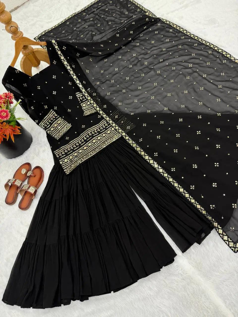 Embroidered Faux Georgette Sharara Suit Set with Dupatta