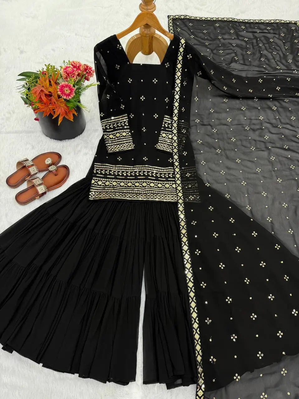 Embroidered Faux Georgette Sharara Suit Set with Dupatta