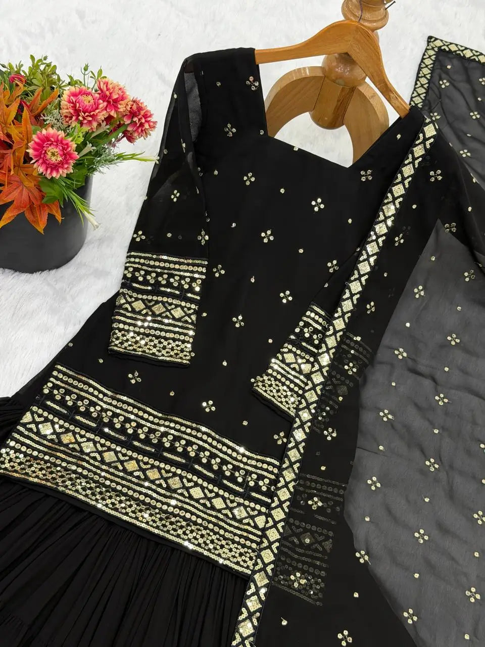 Embroidered Faux Georgette Sharara Suit Set with Dupatta