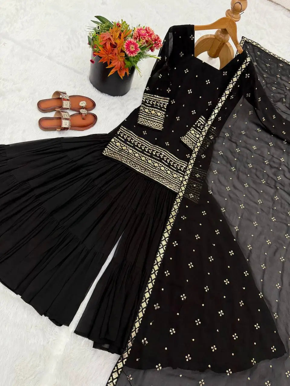 Embroidered Faux Georgette Sharara Suit Set with Dupatta