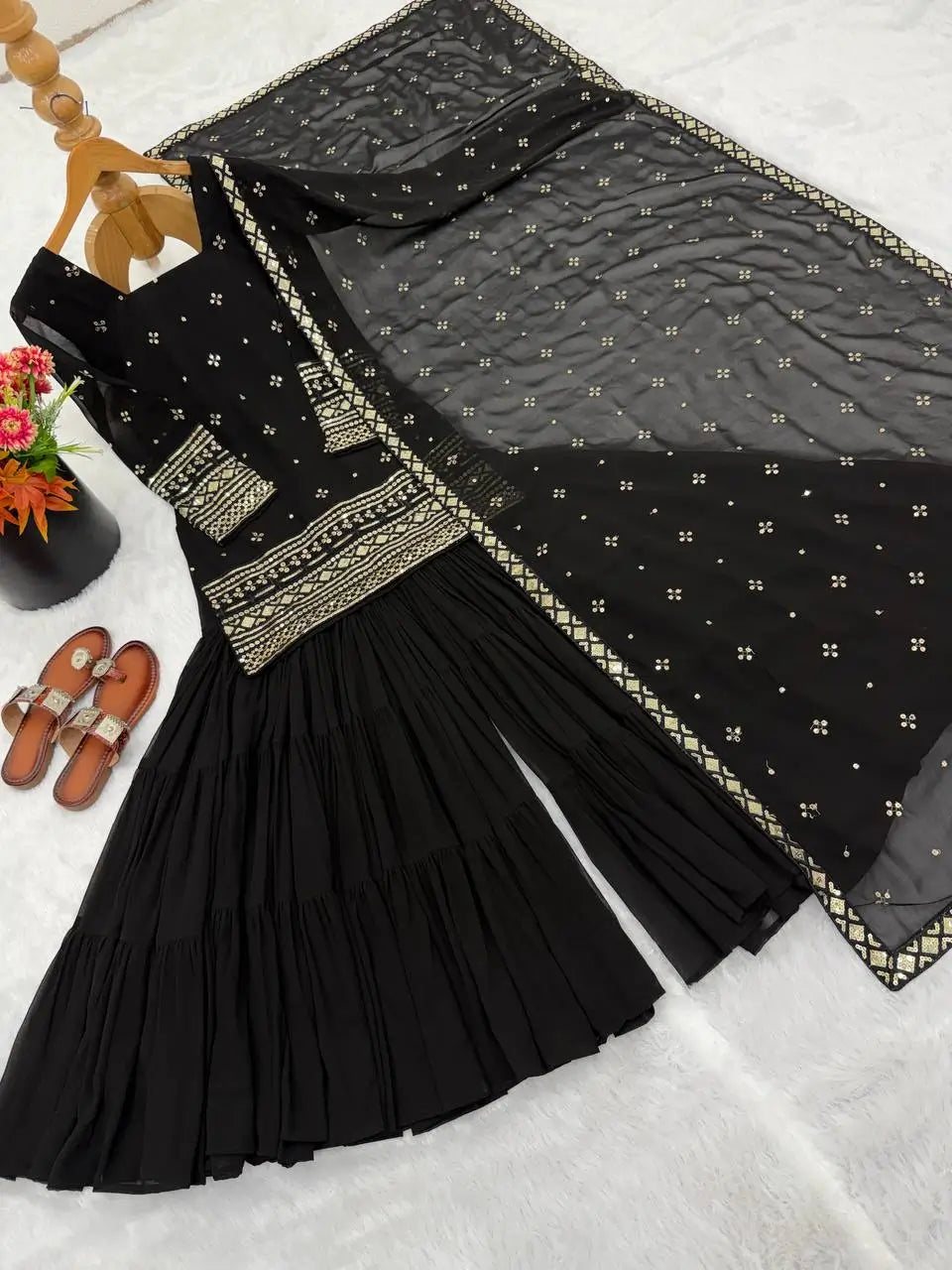 Embroidered Faux Georgette Sharara Suit Set with Dupatta