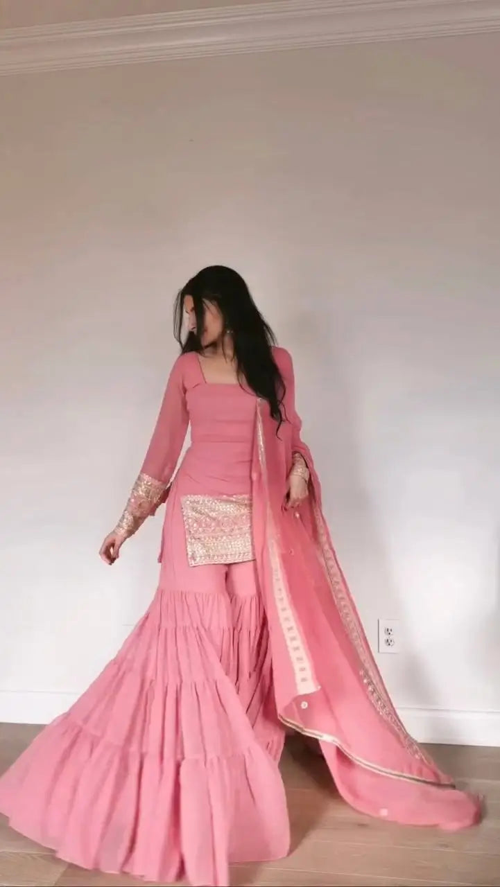 Embroidered Faux Georgette Sharara Suit Set with Dupatta