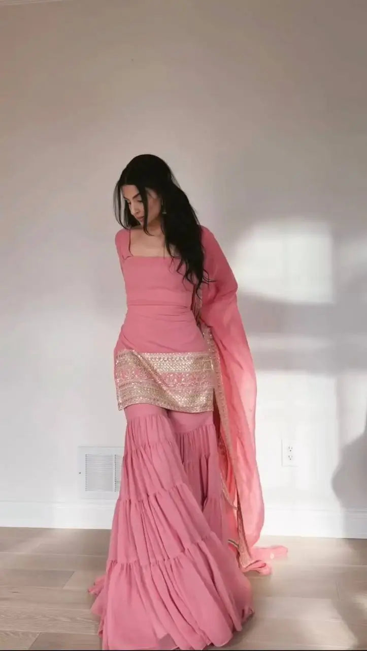 Embroidered Faux Georgette Sharara Suit Set with Dupatta