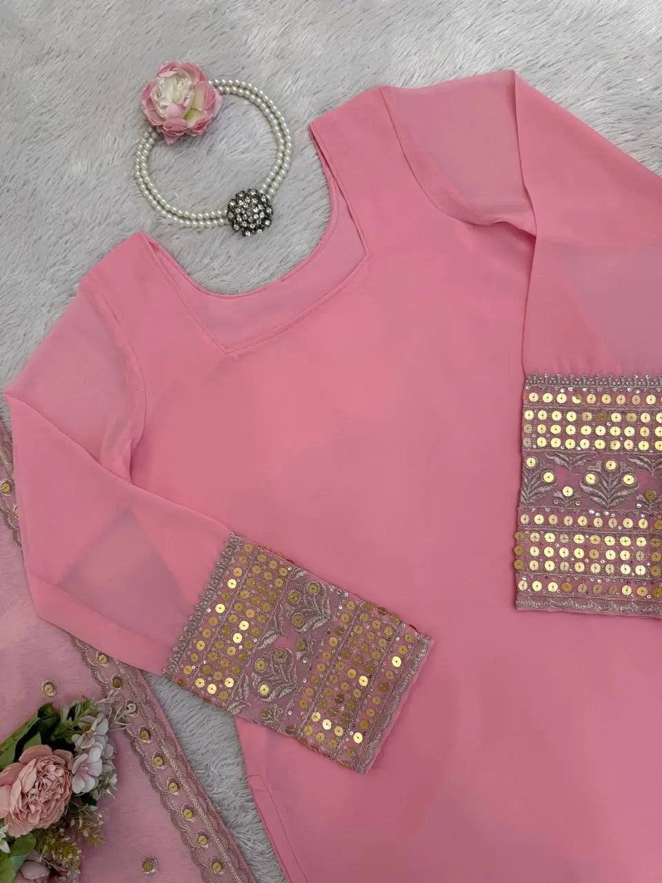 Embroidered Faux Georgette Sharara Suit Set with Dupatta