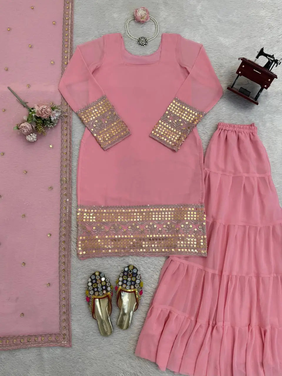 Embroidered Faux Georgette Sharara Suit Set with Dupatta