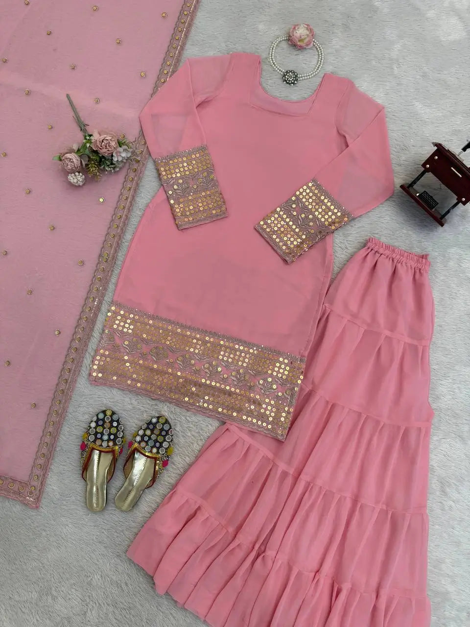 Embroidered Faux Georgette Sharara Suit Set with Dupatta