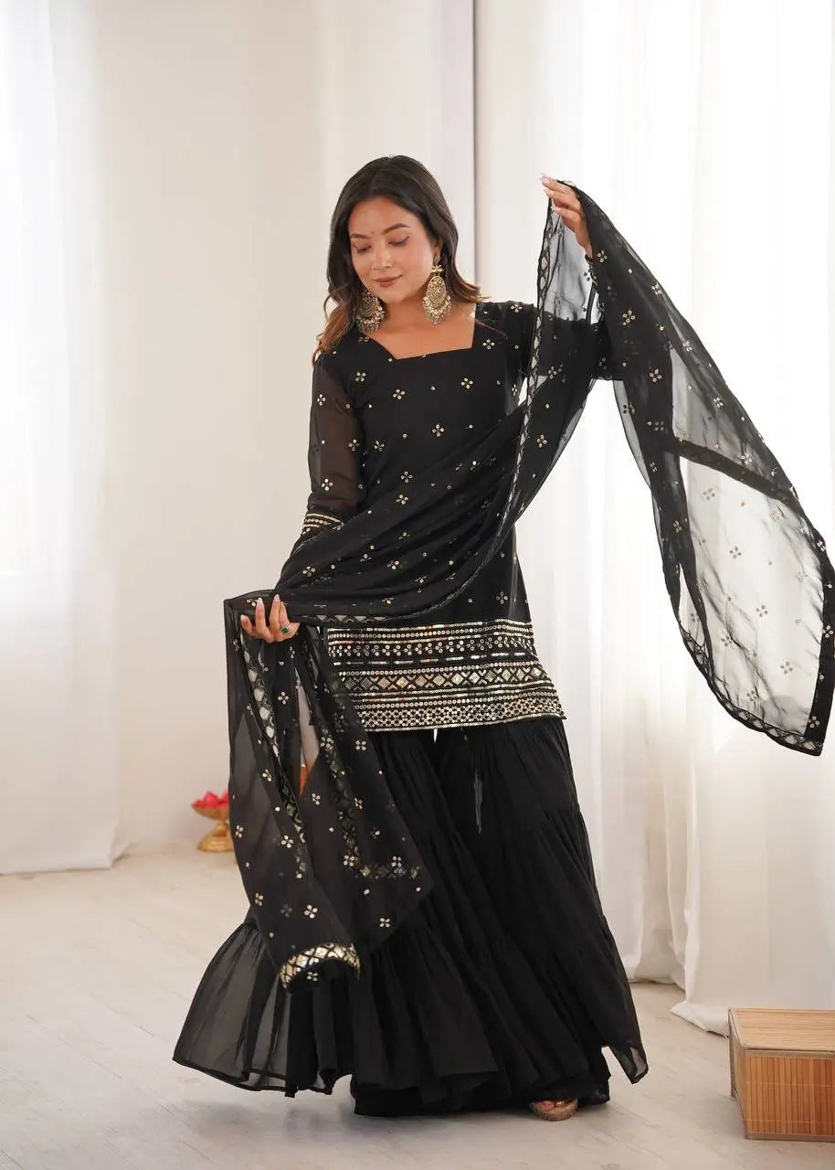 Embroidered Faux Georgette Sharara Suit Set with Dupatta