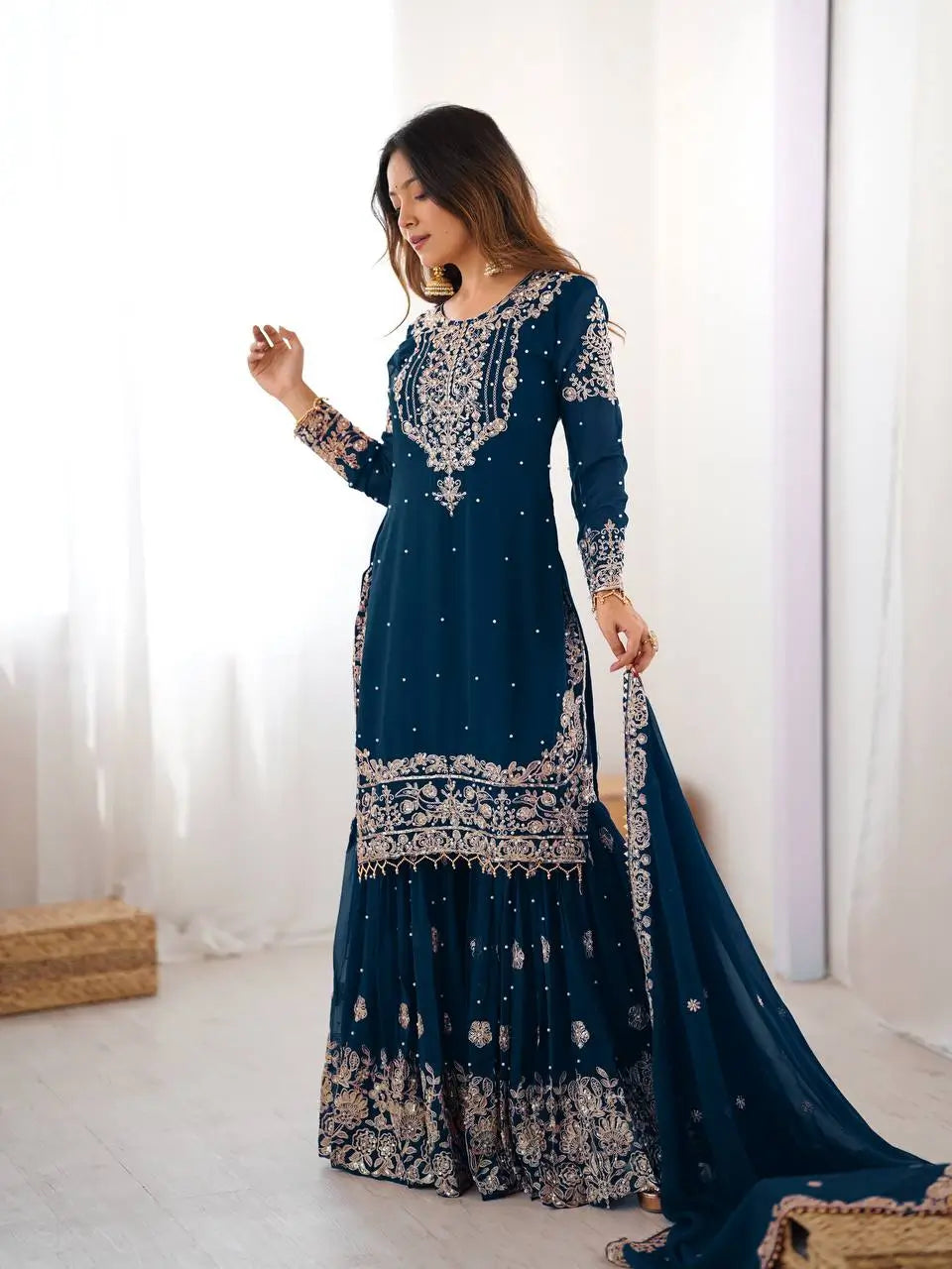 Embroidered Faux Georgette Suit Set with Dupatta