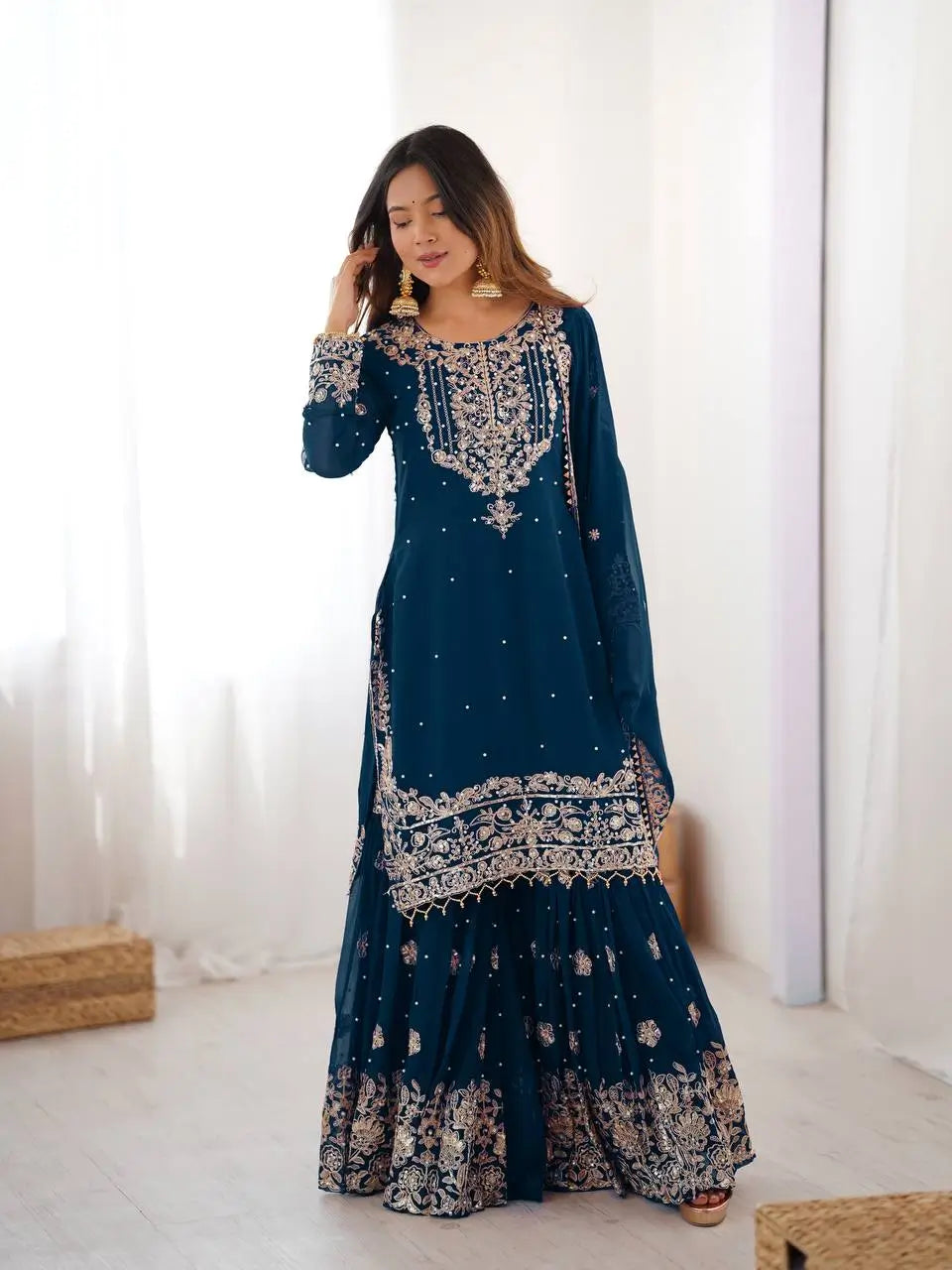 Embroidered Faux Georgette Suit Set with Dupatta