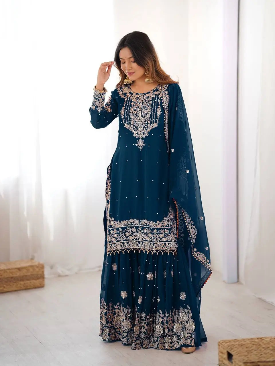 Embroidered Faux Georgette Suit Set with Dupatta
