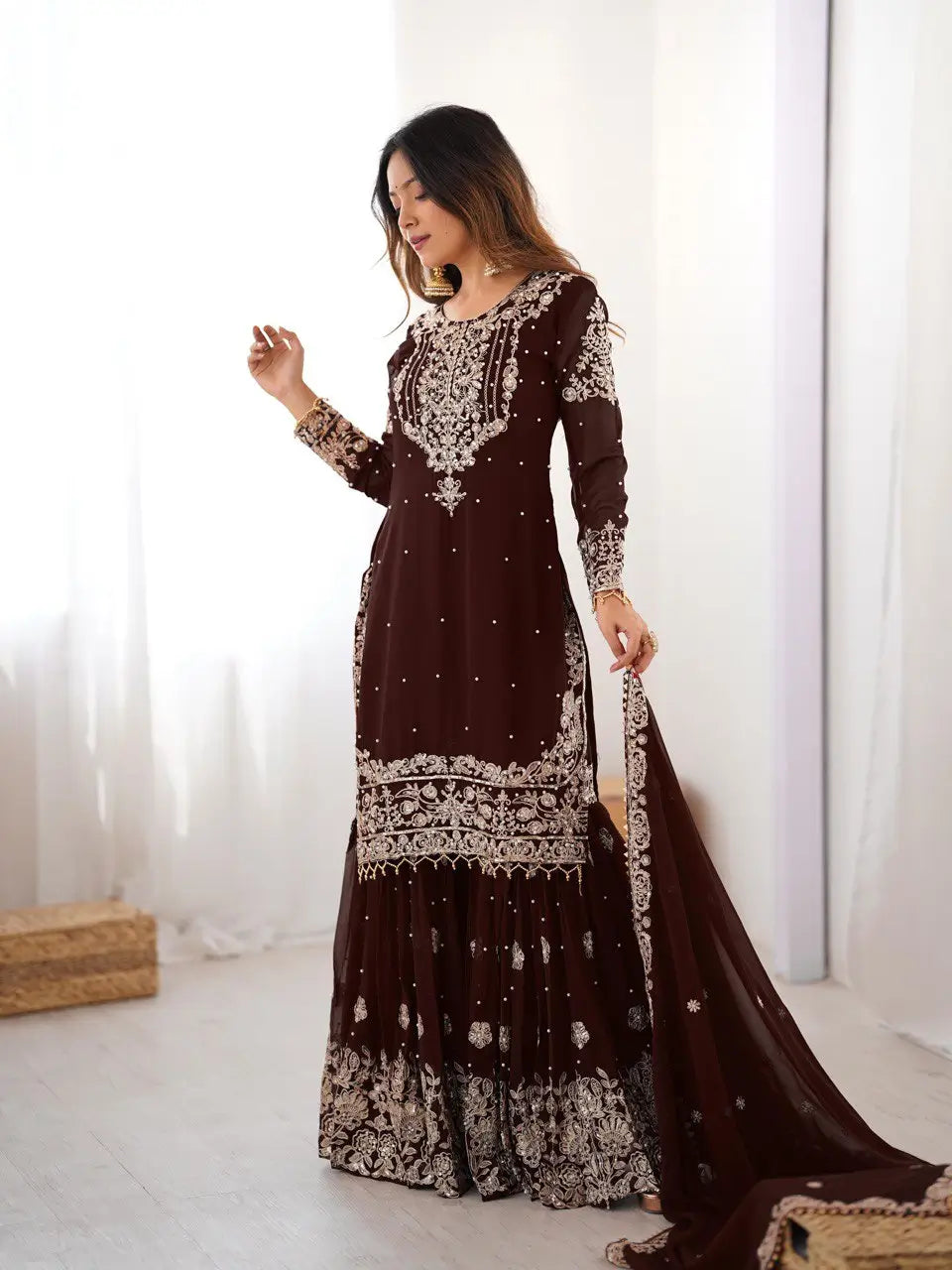 Embroidered Faux Georgette Suit Set with Dupatta