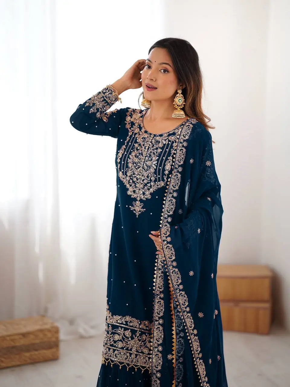 Embroidered Faux Georgette Suit Set with Dupatta
