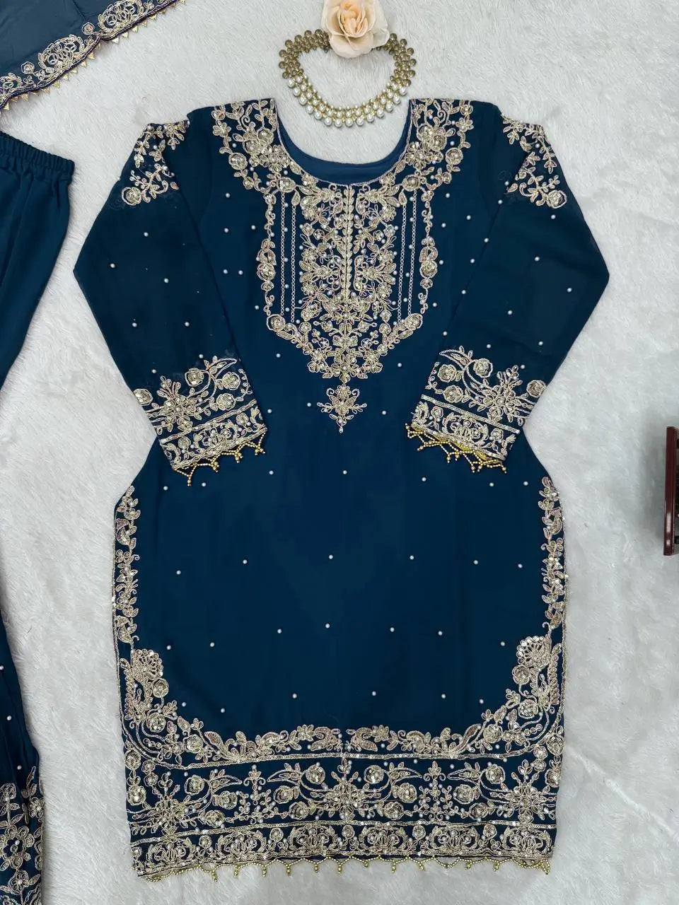 Embroidered Faux Georgette Suit Set with Dupatta