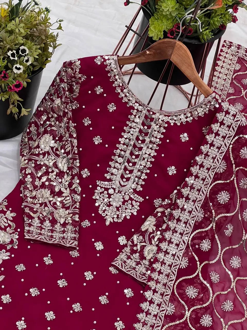 Embroidered Faux Georgette Suit Set with Dupatta