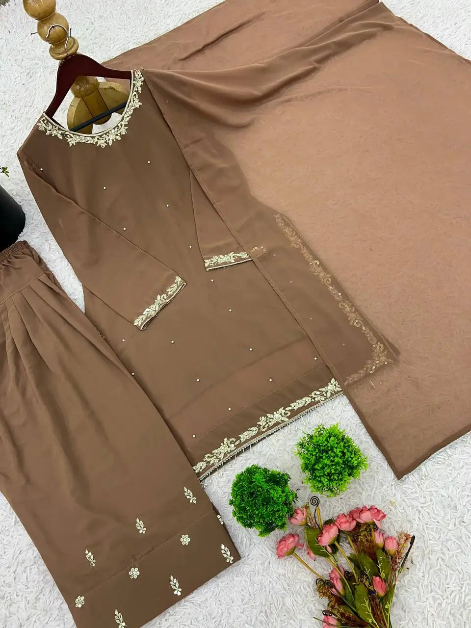 Embroidered Faux Georgette Suit Set with Dupatta