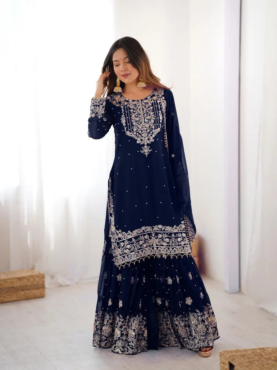 Embroidered Faux Georgette Suit Set with Dupatta