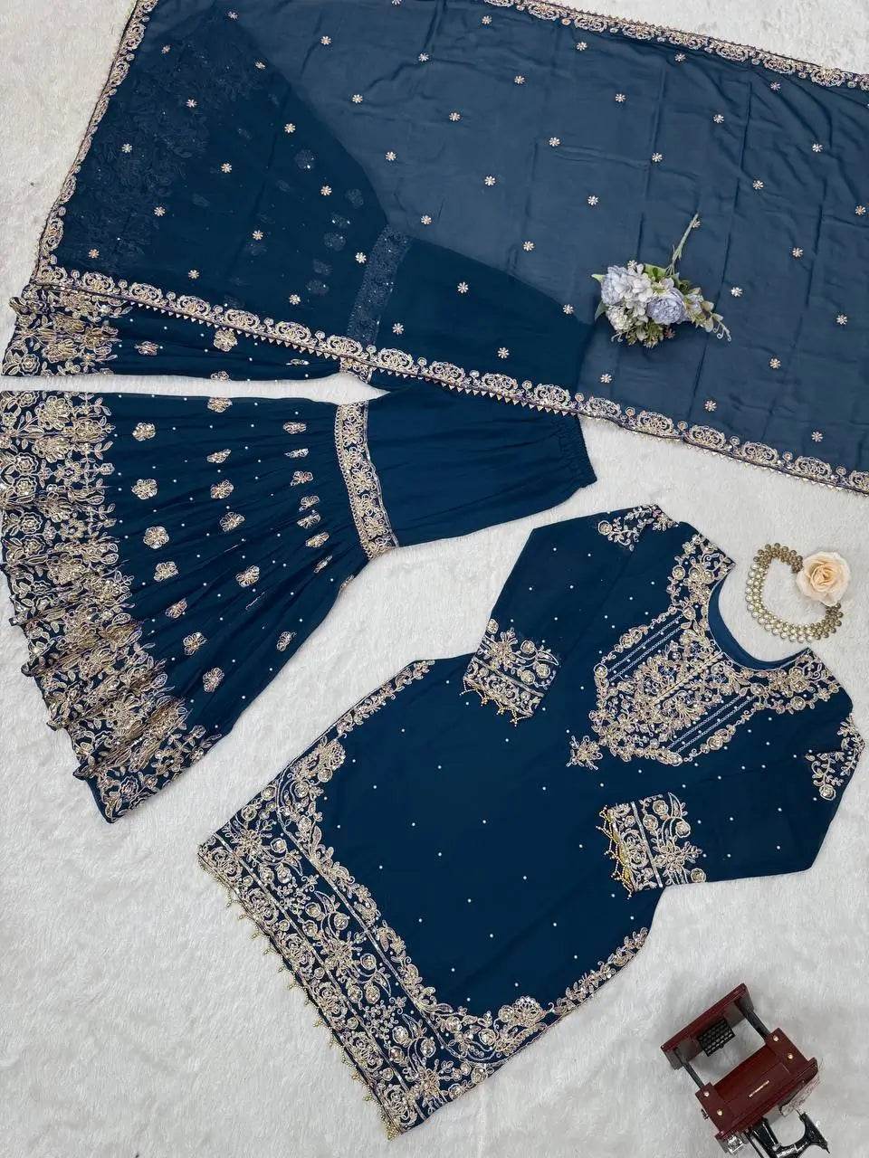 Embroidered Faux Georgette Suit Set with Dupatta