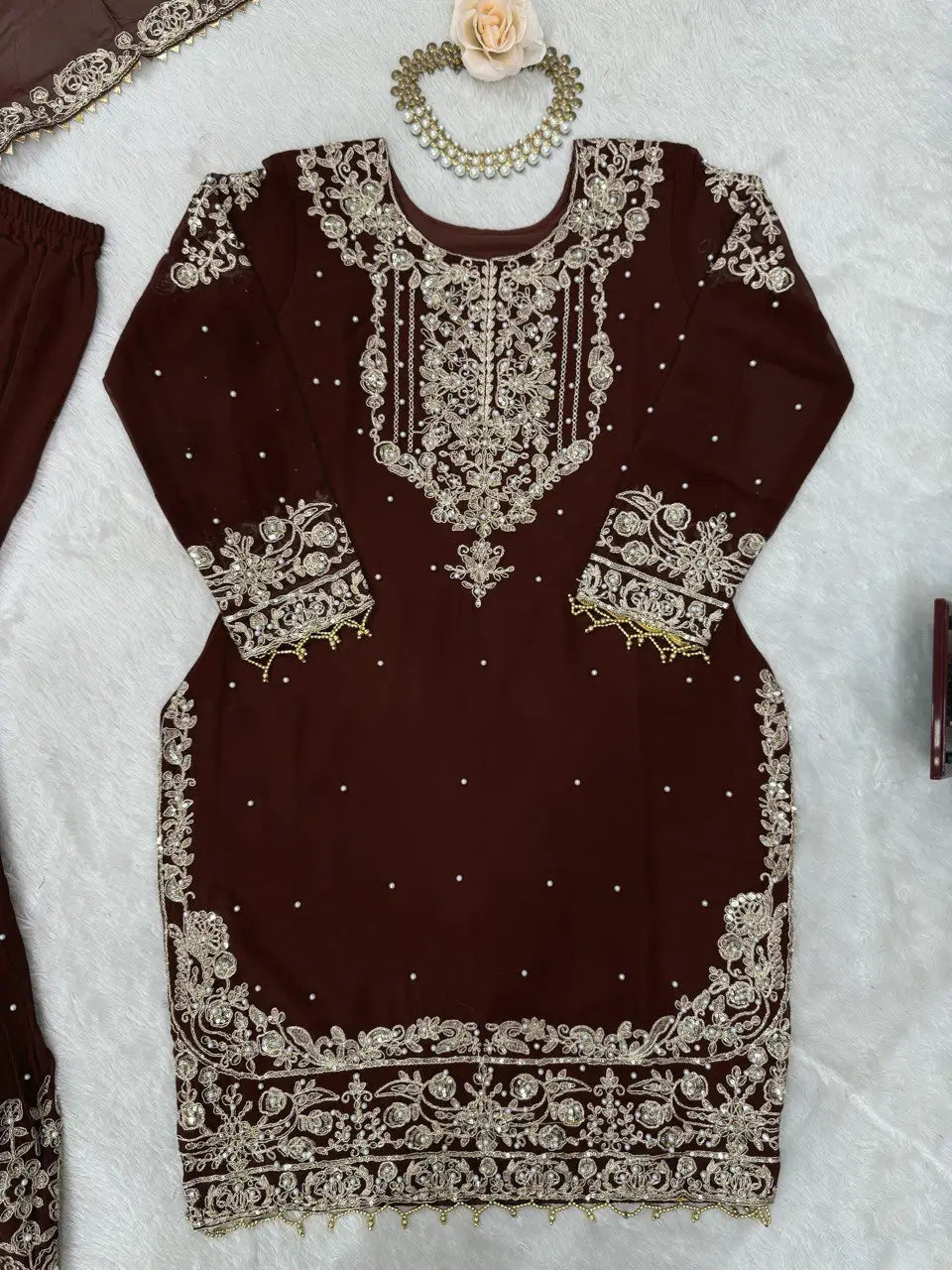 Embroidered Faux Georgette Suit Set with Dupatta