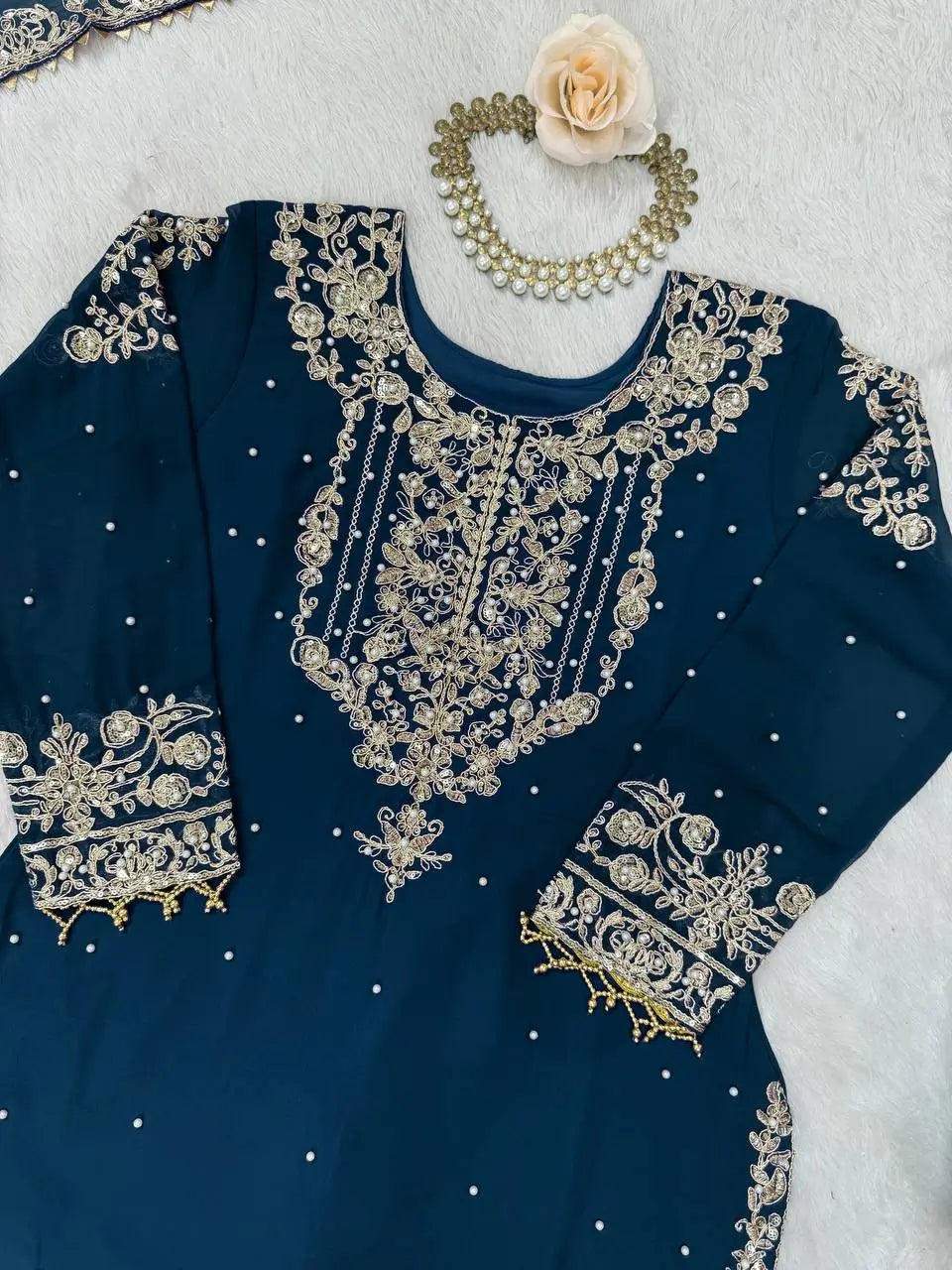 Embroidered Faux Georgette Suit Set with Dupatta