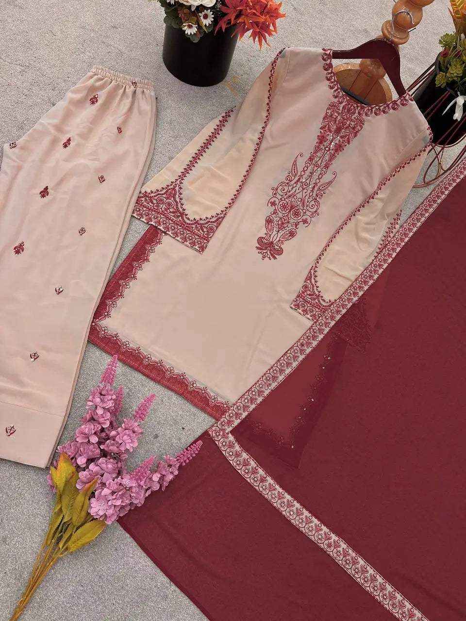 Embroidered Faux Georgette Suit Set with Dupatta